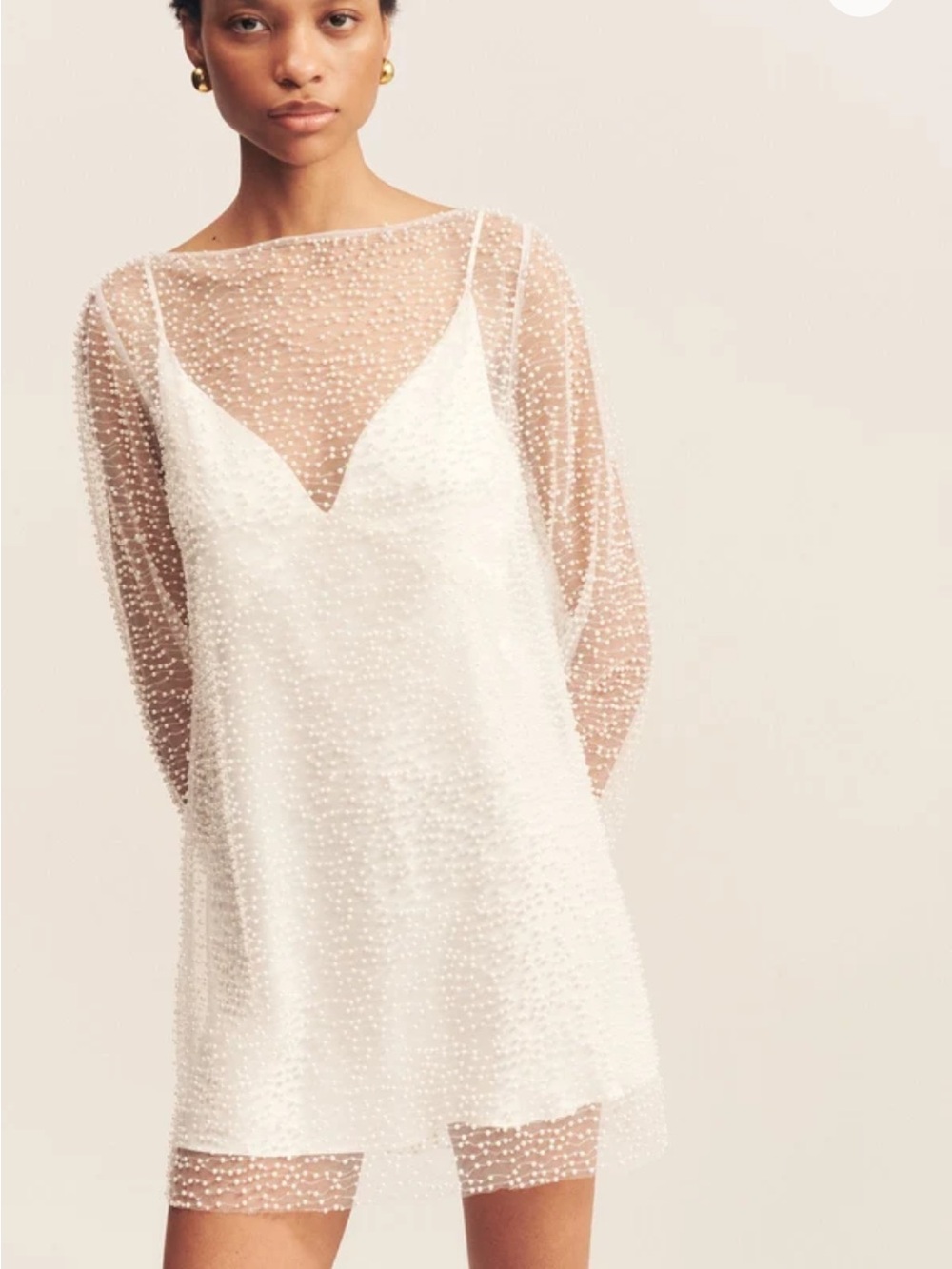 Shona Joy Beaded Long-Sleeve Slip Mini Dress